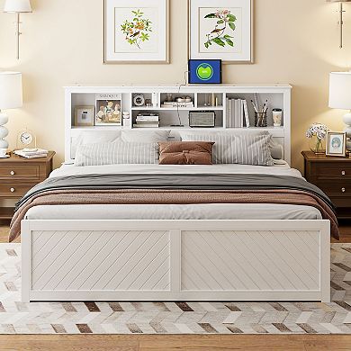 Merax King Size Wood Platform Bed with Multi-storage Headboard, USB and Drawers