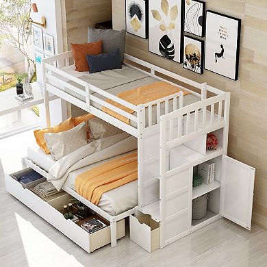 Merax Twin over Full/Twin Bunk Bed, Convertible Bottom Bed, Storage Shelves and Drawers