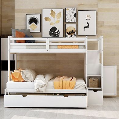 Merax Twin over Full/Twin Bunk Bed, Convertible Bottom Bed, Storage Shelves and Drawers