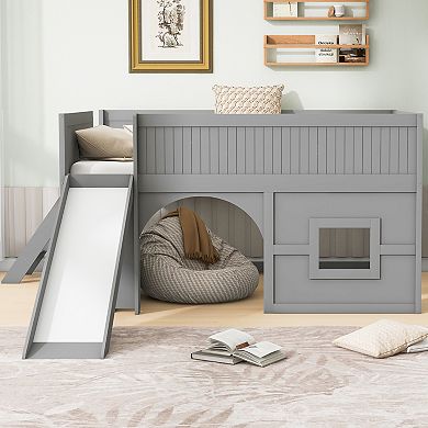 Merax Full Size Wooden Low Loft Bed with Storage Shelves and Slide,Door and Window Design