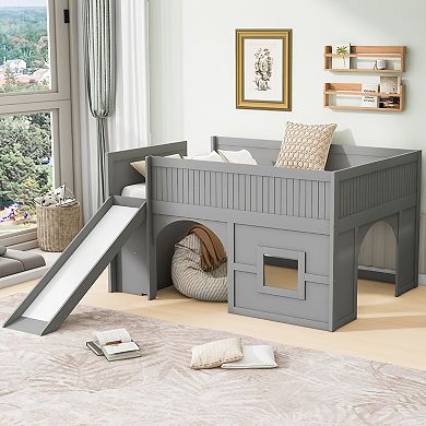 Merax Full Size Wooden Low Loft Bed with Storage Shelves and Slide,Door and Window Design