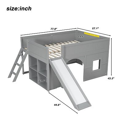 Merax Full Size Wooden Low Loft Bed with Storage Shelves and Slide,Door and Window Design