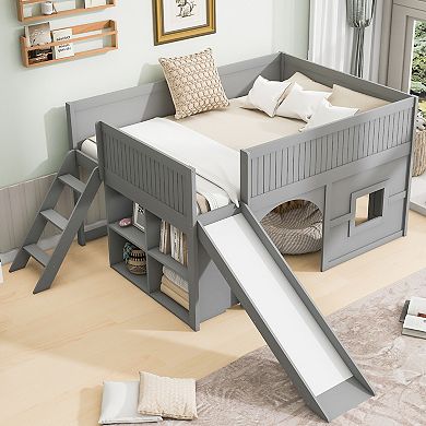 Merax Full Size Wooden Low Loft Bed with Storage Shelves and Slide,Door and Window Design