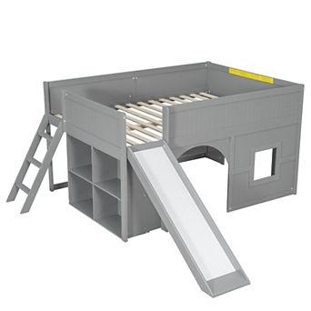 Merax Full Size Wooden Low Loft Bed with Storage Shelves and Slide,Door and Window Design