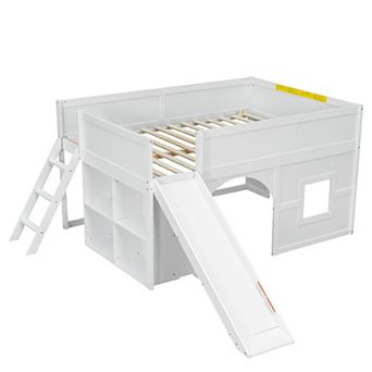 Merax Full Size Wooden Low Loft Bed with Storage Shelves and Slide,Door and Window Design