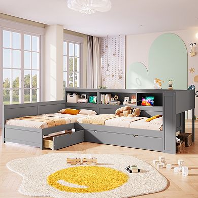 Merax Wood Twin Size L-shaped Platform Bed with Trundle and a Drawer