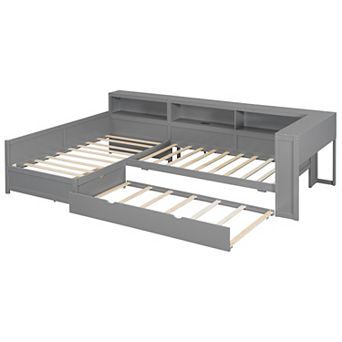 Merax Wood Twin Size L-shaped Platform Bed with Trundle and a Drawer