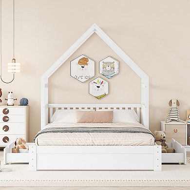 Merax Wood Queen Size House Platform Bed with Guardrail and 2 Drawers