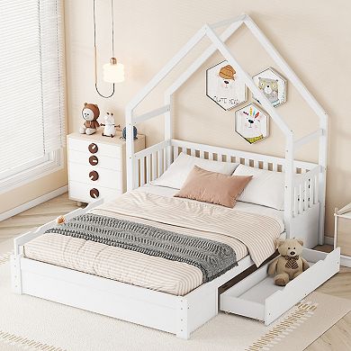Merax Wood Queen Size House Platform Bed with Guardrail and 2 Drawers