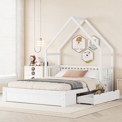 Merax Wood Queen Size House Platform Bed with Guardrail and 2 Drawers