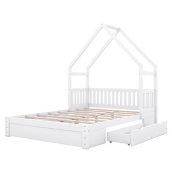 Merax Wood Queen Size House Platform Bed with Guardrail and 2 Drawers