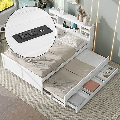 Merax Platform Bed with Storage Headboard, USB, Twin Size Trundle and 3 Drawers