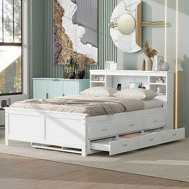 Merax Platform Bed with Storage Headboard, USB, Twin Size Trundle and 3 Drawers