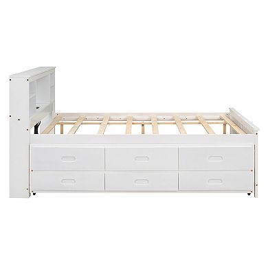 Merax Platform Bed with Storage Headboard, USB, Twin Size Trundle and 3 Drawers