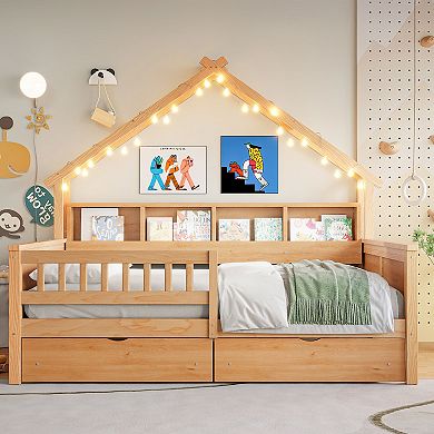 Merax Wood Full Size House Platform Beds with LED, Storage Shelves, Drawers and Guardrail