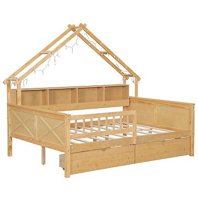 Merax Wood Full Size House Platform Beds with LED, Storage Shelves, Drawers and Guardrail