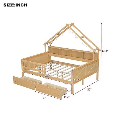 Merax Wood Full Size House Platform Beds with LED, Storage Shelves, Drawers and Guardrail