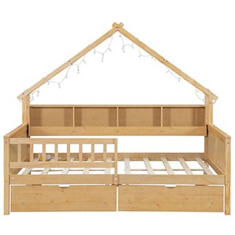 Merax Wood Full Size House Platform Beds with LED, Storage Shelves, Drawers and Guardrail