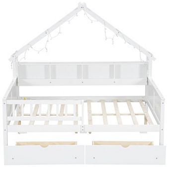 Merax Wood Full Size House Platform Beds with LED, Storage Shelves, Drawers and Guardrail