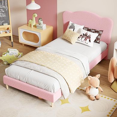 Upholstered Kids Bed Frame with Scallop Headboard, Sturdy Wooden Slats, Noise-Free