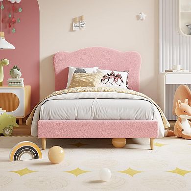 Upholstered Kids Bed Frame with Scallop Headboard, Sturdy Wooden Slats, Noise-Free