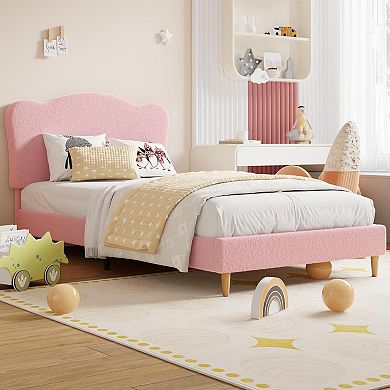 Upholstered Kids Bed Frame with Scallop Headboard, Sturdy Wooden Slats, Noise-Free