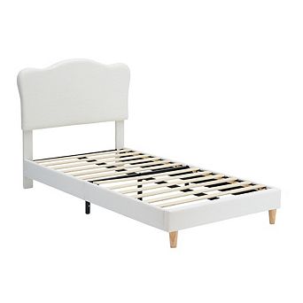 Upholstered Kids Bed Frame with Scallop Headboard, Sturdy Wooden Slats, Noise-Free