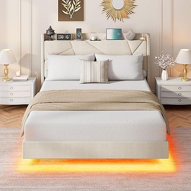 Upholstered Platform Bed with Storage Headboard, Charging Station and RGB LED Lights