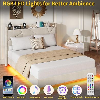 Upholstered Platform Bed with Storage Headboard, Charging Station and RGB LED Lights