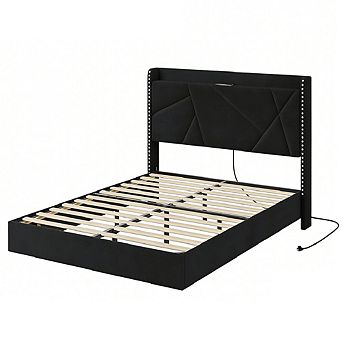 Upholstered Platform Bed with Storage Headboard, Charging Station and RGB LED Lights