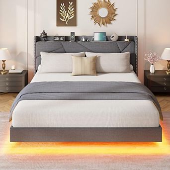 Upholstered Platform Bed with Storage Headboard, Charging Station and RGB LED Lights