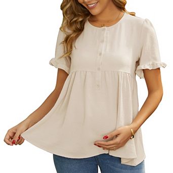 Women's Maternity Casual Round Neck Ruffle Sleeve Button T-Shirts Babydoll Loose Fit Peplum Tops