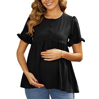 Women's Maternity Casual Round Neck Ruffle Sleeve Button T-Shirts Babydoll Loose Fit Peplum Tops
