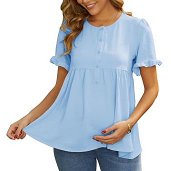 Women's Maternity Casual Round Neck Ruffle Sleeve Button T-Shirts Babydoll Loose Fit Peplum Tops