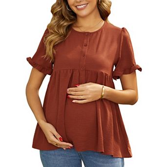 Women's Maternity Casual Round Neck Ruffle Sleeve Button T-Shirts Babydoll Loose Fit Peplum Tops