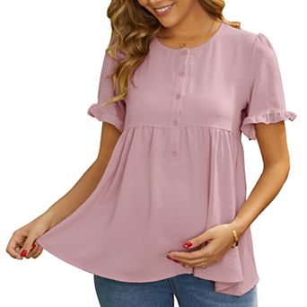 Women's Maternity Casual Round Neck Ruffle Sleeve Button T-Shirts Babydoll Loose Fit Peplum Tops