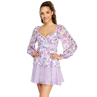 Juniors' B. Smart Long Sleeve Floral Print & Ruffle Detail Dress