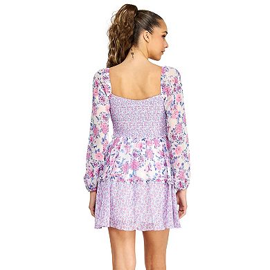 Juniors' B. Smart Long Sleeve Floral Print & Ruffle Detail Dress