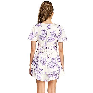 Juniors' B. Smart Flutter Sleeve V-Neck Floral Layered Ruffle Skirt Dress