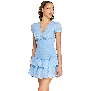 Juniors' B. Smart Puff Sleeve V-Neck Smocked Bodice & Layered Skirt Dress