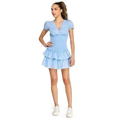 Juniors' B. Smart Puff Sleeve V-Neck Smocked Bodice & Layered Skirt Dress