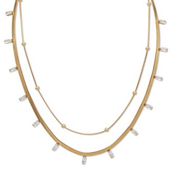 PalmBeach Jewelry 2-Pair Gold Ion-Plated Stainless Steel Crystal Necklace Set 15.5 inch