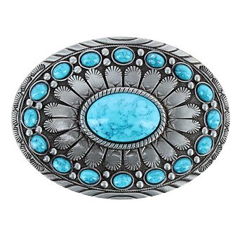 CTM Women's Oval Silver Belt Buckle with Turquoise Detail