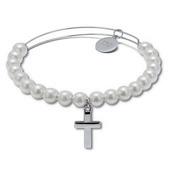 PalmBeach Jewelry Genuine Cultured Freshwater Pearl Silvertone Cross Charm Bangle, 7.5 Inches