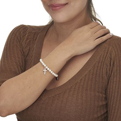 PalmBeach Jewelry Genuine Cultured Freshwater Pearl Silvertone Cross Charm Bangle, 7.5 Inches
