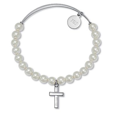 PalmBeach Jewelry Genuine Cultured Freshwater Pearl Silvertone Cross Charm Bangle, 7.5 Inches