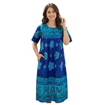 Loungees Border Print Cotton Lounge Dress House Dress Caftan 3 Button Bib Yoke Short Sleeve