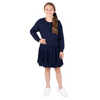 Girls 7-16 Rare Editions Soft Wash Sweater Bodice & Tiered Woven Skirt Dress with Scrunchie