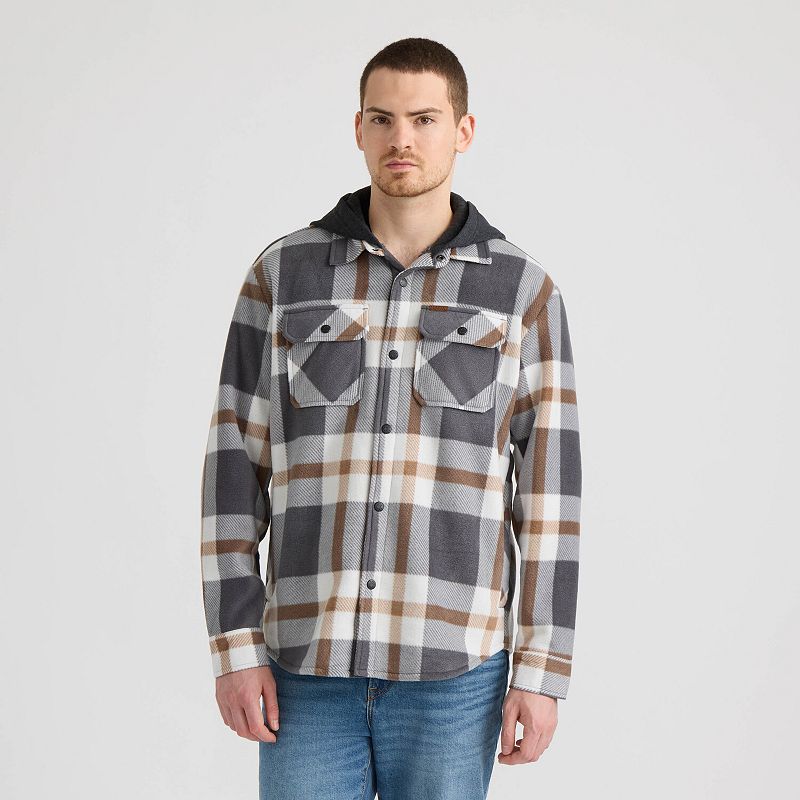 Men's Matix Plaid Polar Fleece Hooded Shacket, Size: Large, Gray