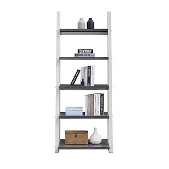 5 tier Ladder Shelf, Rubberwood Frame Bookcase & Storage Rack, White - for Living Room & Bedroom